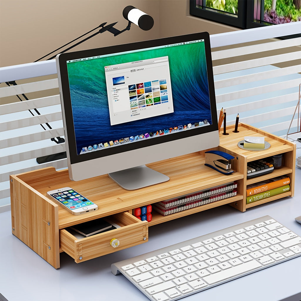 Monitorständer aus Holz mit Schublade und Tastaturauszug