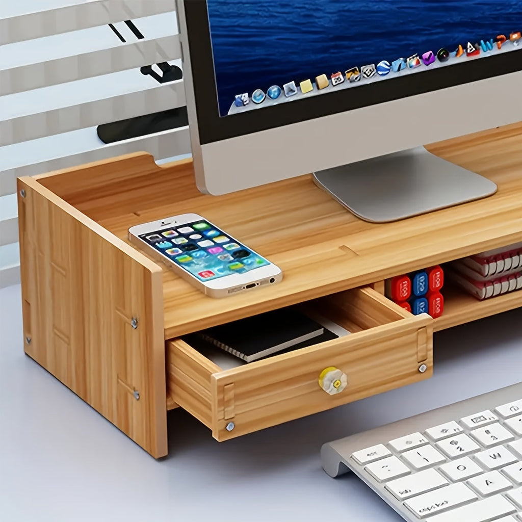 Monitorständer aus Holz mit Schublade und Tastaturauszug