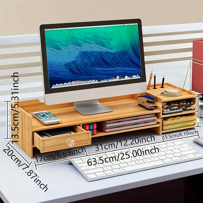 Monitorständer aus Holz mit Schublade und Tastaturauszug