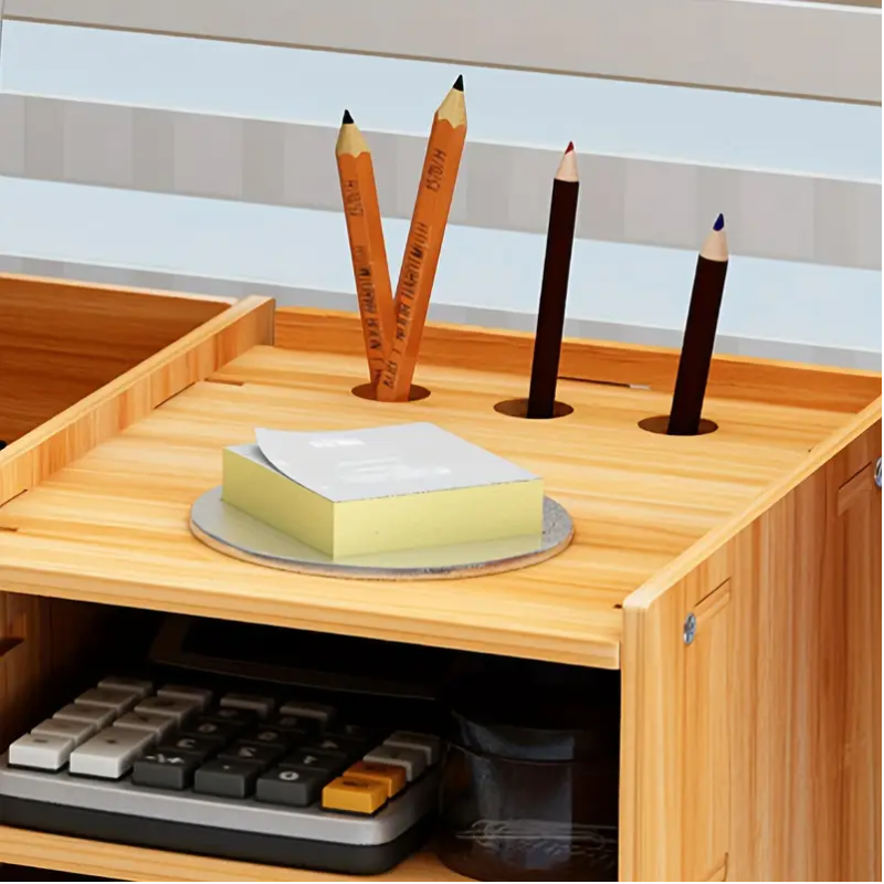 Monitorständer aus Holz mit Schublade und Tastaturauszug